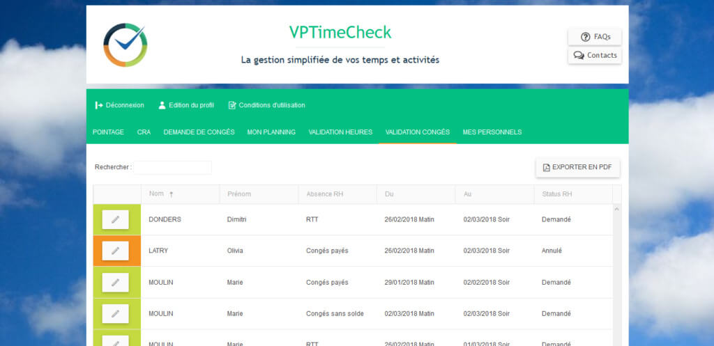 Logiciel de gestion des congés et des absences - VPTimeCheck